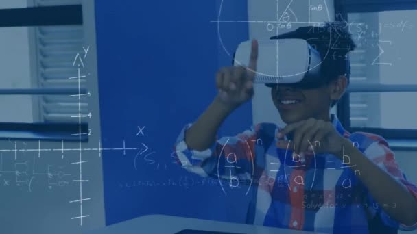 Animation Mathematical Equations African American Schoolboy Using Headset Global Education — Stock video