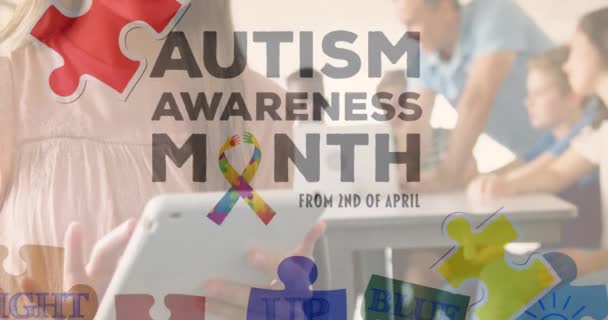 Animation Autism Awareness Month Text Diverse Students Global Education Digital — Vídeos de Stock