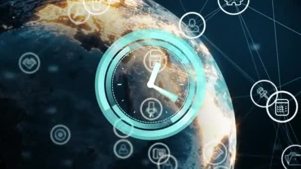 Animacja Zegara Poruszającego Się Globie Sieci Połączeń Globalny Biznes Finanse — Wideo stockowe