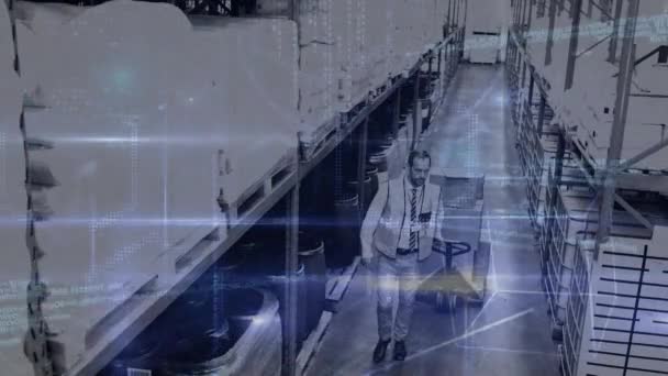 Geometric Shapes Data Processing Caucasian Worker Using Forklift Carry Delivery — Vídeo de Stock