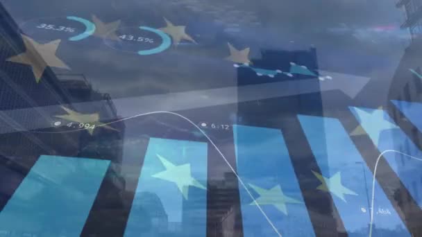 Animation European Union Waving Flag Cityscape European Union Political Economic — Video Stock