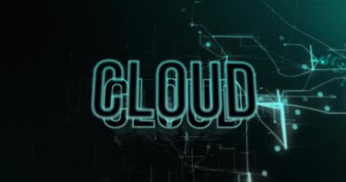 Siyah arkaplandaki noktalar üzerinden bulut metninin canlandırması. Sosyal medya ve dijital arayüz konsepti dijital olarak oluşturulmuş video.