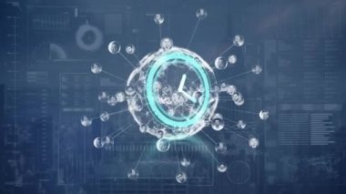 Donanma arka planında simgelerle hareket eden saatin animasyonu. küresel ağ, bağlantılar, veri ve teknoloji konsepti dijital olarak oluşturulmuş video.