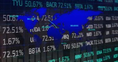 Finansal verilerin dünya haritasında kara arka planda canlandırılması. ticari, finans, teknoloji ve dijital arayüz kavramı dijital olarak oluşturulmuş video.