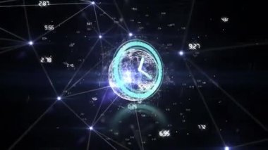 Dünya üzerinde hareket eden saatin animasyonu ve bağlantı ağı. küresel iş, finans, bağlantılar ve dijital arayüz konsepti dijital olarak oluşturulmuş video.