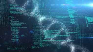 Parlak mavi arka plan üzerinde bilgisayar veri işleme ve DNA iplikçiklerinin animasyonu. küresel hesaplama ve veri işleme kavramı dijital olarak oluşturulmuş video.