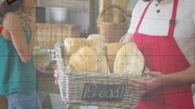 Pastanedeki mutlu beyaz erkek satıcının finansal grafiklerinin animasyonu. ekonomi, finans, alışveriş ve dijital olarak üretilen küçük bağımsız iş konsepti.