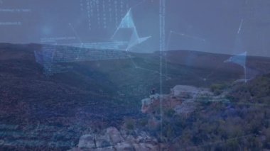 Erkek yürüyüşçü ve peyzaj üzerinde veri işleme ve küre animasyonu. veri işleme, aktif yaşam tarzı ve teknoloji konsepti dijital olarak oluşturulmuş video.