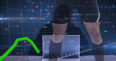 Ragbi oyuncusu üzerinden finansal veri işleme animasyonu. Küresel bilim, bağlantılar, veri işleme ve dijital arayüz kavramı dijital olarak oluşturulmuş video.