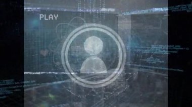 Sunucu odasında simge ve veri işleme animasyonları. küresel teknoloji, veri işleme ve dijital arayüz kavramı dijital olarak oluşturulmuş video.