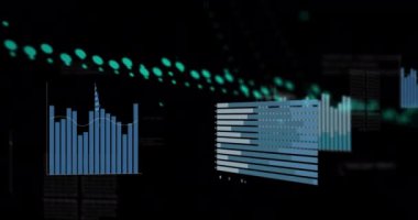 Grafiklerin ve siyah arkaplandaki verilerin animasyonu. Veri işleme, bilgisayarlar, dijital ekran ve teknoloji konsepti dijital olarak oluşturulmuş video.