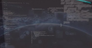 Karanlık arka planda bulutların üzerindeki veri işleme animasyonu. küresel bağlantılar, veri işleme ve dijital arayüz konsepti dijital olarak oluşturulmuş video.