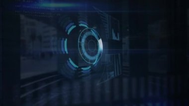 Siyah arkaplana karşı tıbbi veri işleme sisteminde yuvarlak tarayıcı ve dijital arayüz. tıbbi araştırma ve bilim teknolojisi kavramı