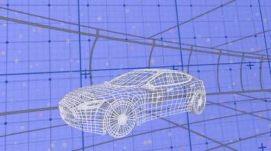 3D arabanın ızgaranın üzerinden geçişinin animasyonu. global otomobil mühendisliği, tasarım ve veri işleme kavramı dijital olarak oluşturulmuş video.