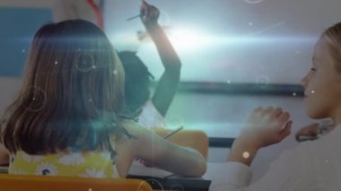 Animation of data processing over diverse schoolchildren learning in classroom. global education, connections and digital interface concept digitally generated video.