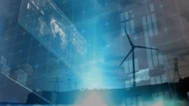 Rüzgar türbini üzerinde veri işleme animasyonu. küresel iş, ekoloji ve dijital arayüz kavramı dijital olarak oluşturulmuş video.