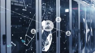 Sunucular üzerindeki simgelerle bağlantı ağının animasyonu. küresel bağlantılar, ağ, veri işleme ve teknoloji konsepti dijital olarak oluşturulmuş video.