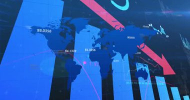 Finansal veri işleme animasyonu ve kara arkaplan üzerinde dünya haritası. küresel iş, finans ve dijital arayüz kavramı dijital olarak oluşturulmuş video.