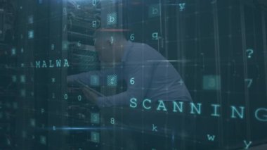 Siber saldırı metninin animasyonu ve beyaz erkek teknisyen üzerinden sunucu üzerinden veri işleme. küresel çevrimiçi güvenlik, dijital arayüz ve dijital olarak oluşturulmuş video işleme kavramı.