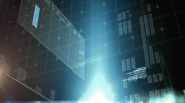 Siyah zemin üzerinde veri işleme üzerinde ışık izlerinin animasyonu. Küresel teknoloji, veri işleme ve dijital arayüz kavramı dijital olarak oluşturulmuş video.