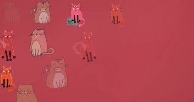 Kırmızı arka planda düşen kedilerin canlandırması. Uluslararası kedi günü konsepti dijital olarak oluşturulmuş video.
