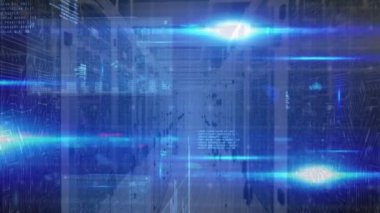 Animation of data processing and lights over servers. global network, connections, data and technology concept digitally generated video.