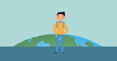 Gri arka planda okul çocuğu ikonu ve küresi animasyonu. Evrensel çocuklar günü ve dijital olarak üretilen video konsepti.