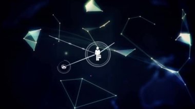 Animation of connections with icons over rotating globe. global network, connections, data and technology concept digitally generated video.