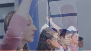 Matematik grafiklerinin okuldaki çeşitli öğrencilerin animasyonu. Okul, eğitim ve öğrenim konsepti dijital olarak oluşturulmuş video.