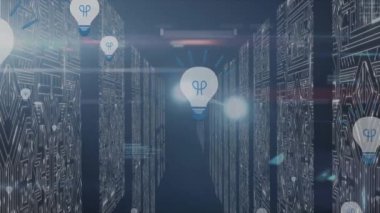 Sunucu odasında veri işleme animasyonu. küresel teknoloji ve dijital arayüz kavramı dijital olarak oluşturulmuş video.