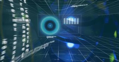 Dijital uzayda ekranların üzerinde veri işleme animasyonu. veri işleme, dijital ekran ve teknoloji konsepti dijital olarak oluşturulmuş video.