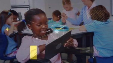Animation of network of connections over diverse group of pupils with female teacher. education and learning concept digitally generated video.