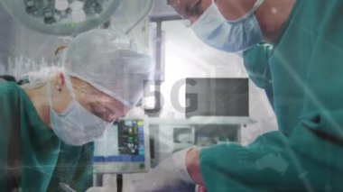 Network of connections against caucasian male and female surgeons performing operation at hospital. healthcare and medical technology concept