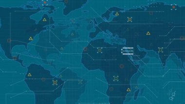 Mavi arkaplandaki dünya haritası üzerinden bağlantı ağının animasyonu. küresel teknoloji, bilgisayar ve dijital arayüz kavramı dijital olarak oluşturulmuş video.