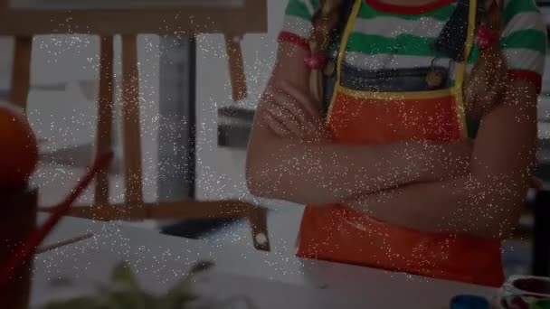 Animation Falling Confetti Caucasian Girl Art Class Education Learning Concept — стоковое видео