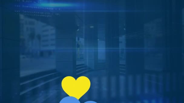 Анимация Обработки Данных Синие Желтые Сердца Над Городом Украинский Кризис — стоковое видео