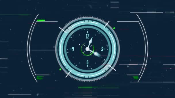 青い背景でデータ処理を移動する時計のアニメーション 世界規模のビジネス デジタルインターフェースの概念デジタル生成されたビデオ — ストック動画