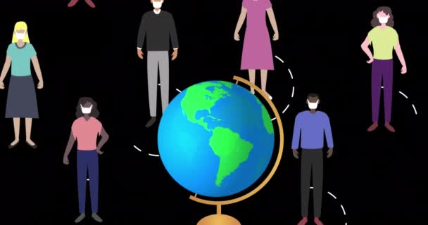 Animation People Silhouettes Globe Black Background Social Distancing Covid Pandemic — Stockvideo