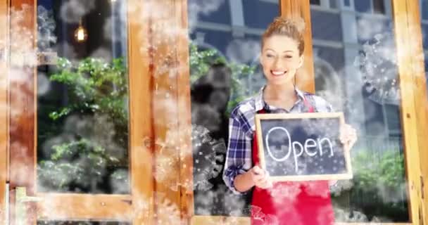 Animation Virus Cells Happy Caucasian Waitress Open Sign Business Covid — Αρχείο Βίντεο