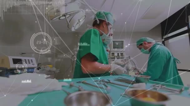 Netwerk Van Verbindingen Tegen Groep Chirurgen Die Operatie Uitvoeren Operatiekamer — Stockvideo