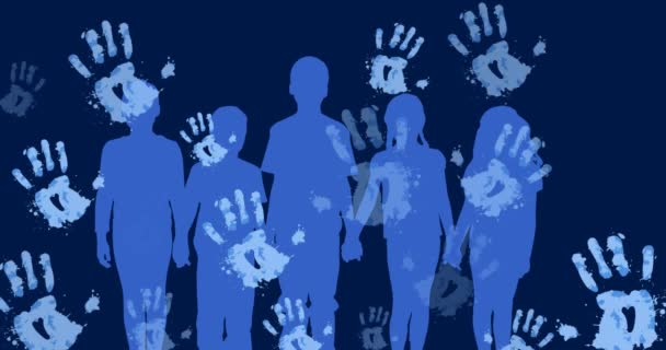 Animation Handprints Silhouettes Children Blue Background Universal Childrens Day Celebration — Stock Video