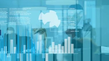 Animation of online data over diverse business people. customer service, digital interface, connections, communication and business concept digitally generated video.