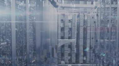 Animation of lights falling over servers. global network, connections, data and technology concept digitally generated video.