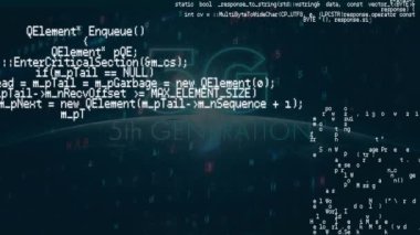 Veri işleme animasyonu ve mavi arkaplanlı 5. nesil metin. küresel hesaplama ve veri işleme kavramı dijital olarak oluşturulmuş video.