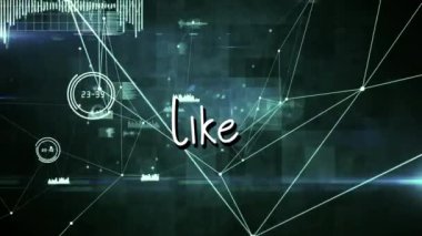 Animation of like over connections on black background. digital interface, connections, technology and communication concept digitally generated video.