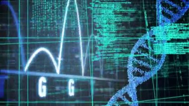 DNA ipliği üzerinde veri işleme animasyonu. küresel iş ve dijital arayüz kavramı dijital olarak oluşturulmuş video.
