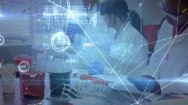 Laboratuvarda konuşan çeşitli bilim adamları üzerinden bağlantı ağının animasyonu. küresel bilim ve dijital arayüz kavramı dijital olarak oluşturulmuş video.