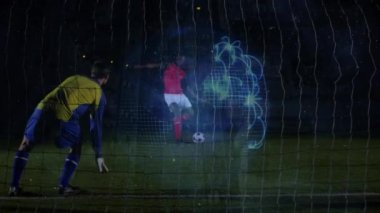 Animation of globe of connections over diverse football player and goalkeeper on football pitch. global sports, competition and data processing concept digitally generated video.