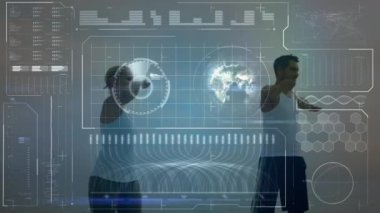 Animation of digital screen with data processing over caucasian woman and man practicing yoga. sport, recreation, active lifestyle and technology concept digitally generated video.