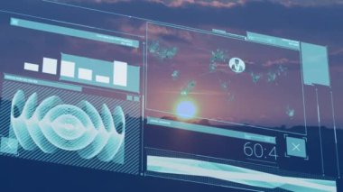 Günbatımı gökyüzünün görüntüsüne karşı veri işleme ile dijital arayüz. bilgisayar arayüzü ve teknoloji kavramı